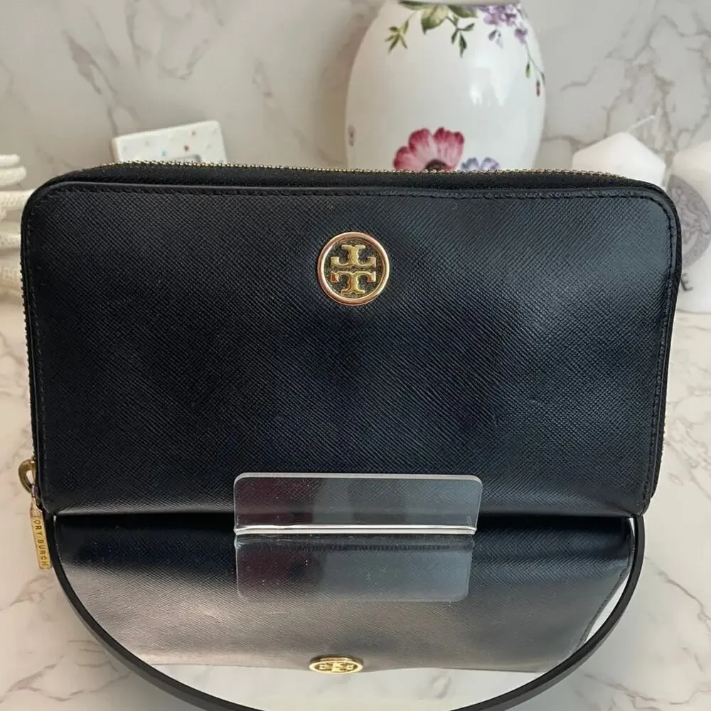 Tory Burch Black Saffiano Leather Zip-Around Continental Wallet GUC